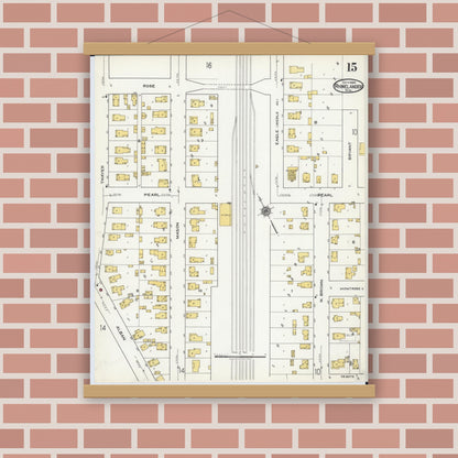 Old map wall art mockup — magnetic wood frame on brick wall — Sanborn Fire Insurance Map from Rhinelander, Oneida County, Wisconsin (1920), Sheet #0015