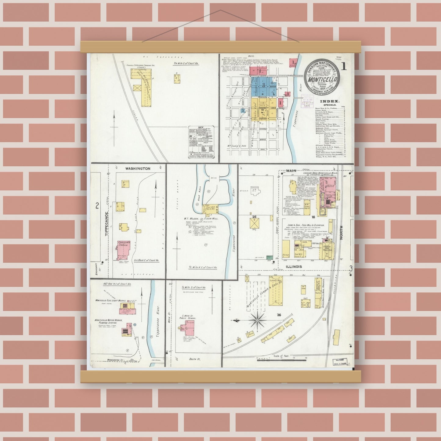 Old map wall art mockup — magnetic wood frame on brick wall — Sanborn Fire Insurance Map from Monticello, White County, Indiana (1904) - Complete Map Set