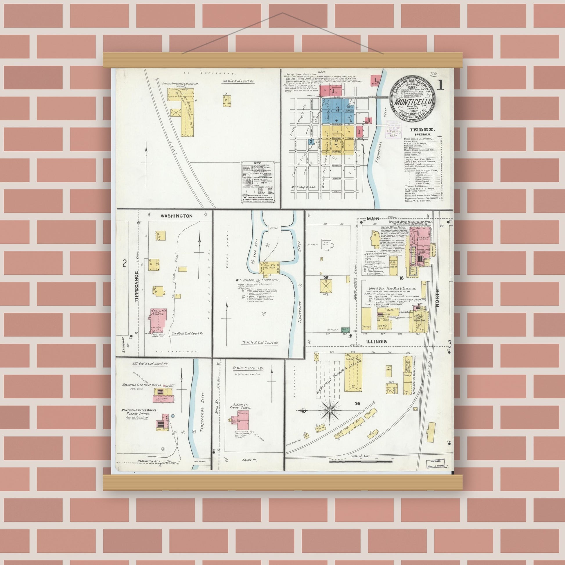 Old map wall art mockup — magnetic wood frame on brick wall — Sanborn Fire Insurance Map from Monticello, White County, Indiana (1904) - Complete Map Set