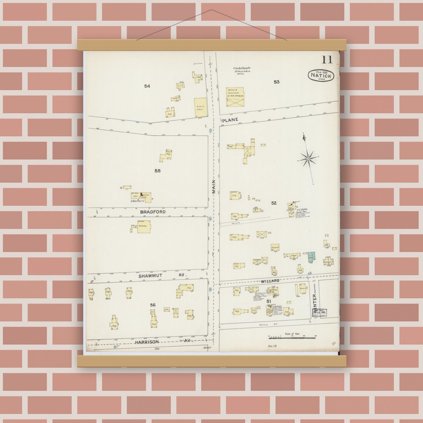 Old map wall art mockup — magnetic wood frame on brick wall — Sanborn Fire Insurance Map from Natick, Middlesex County, Massachusetts (1888), Sheet #0011