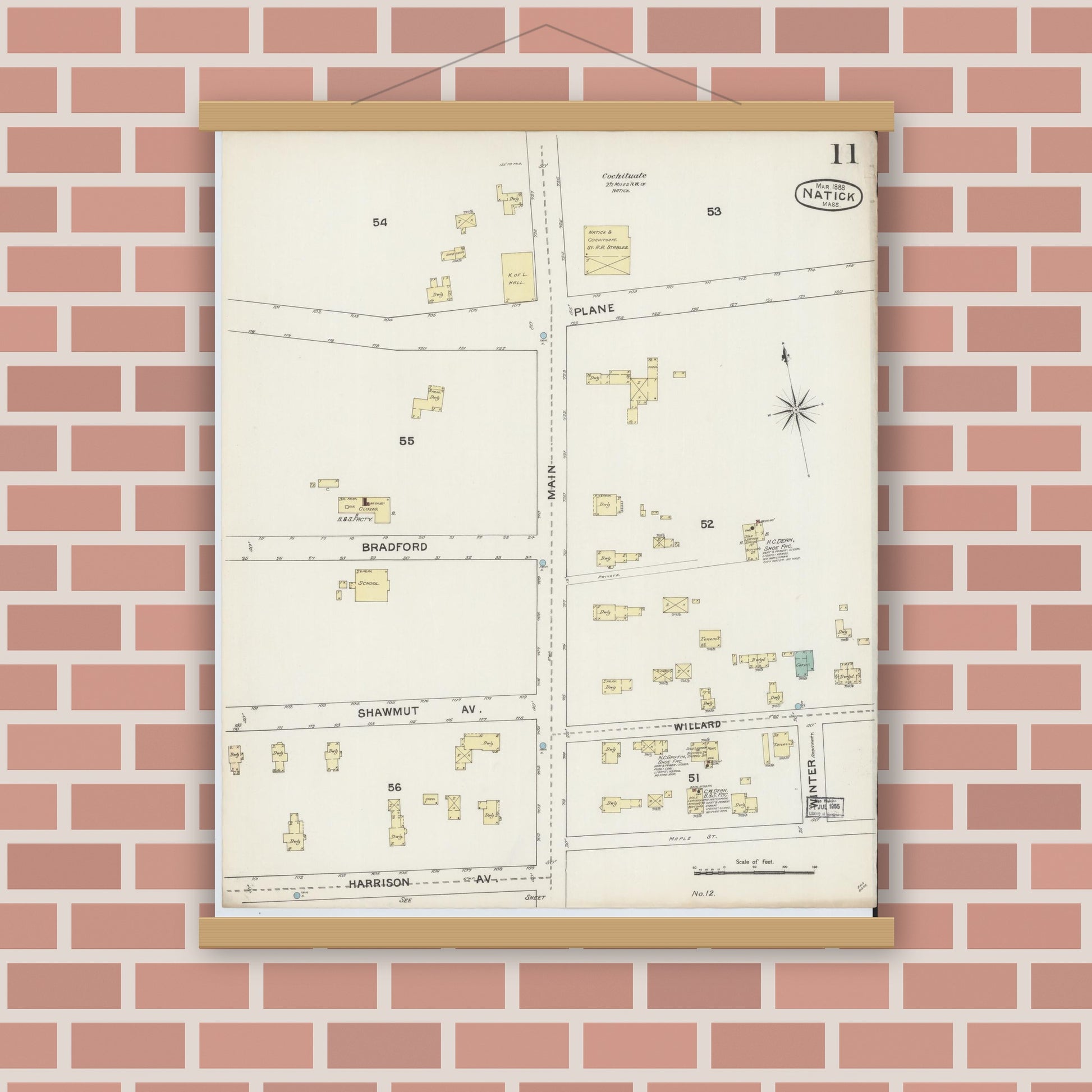Old map wall art mockup — magnetic wood frame on brick wall — Sanborn Fire Insurance Map from Natick, Middlesex County, Massachusetts (1888), Sheet #0011