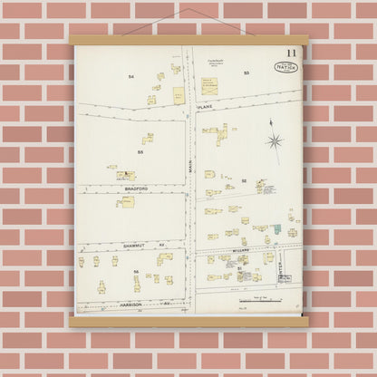 Old map wall art mockup — magnetic wood frame on brick wall — Sanborn Fire Insurance Map from Natick, Middlesex County, Massachusetts (1888), Sheet #0011