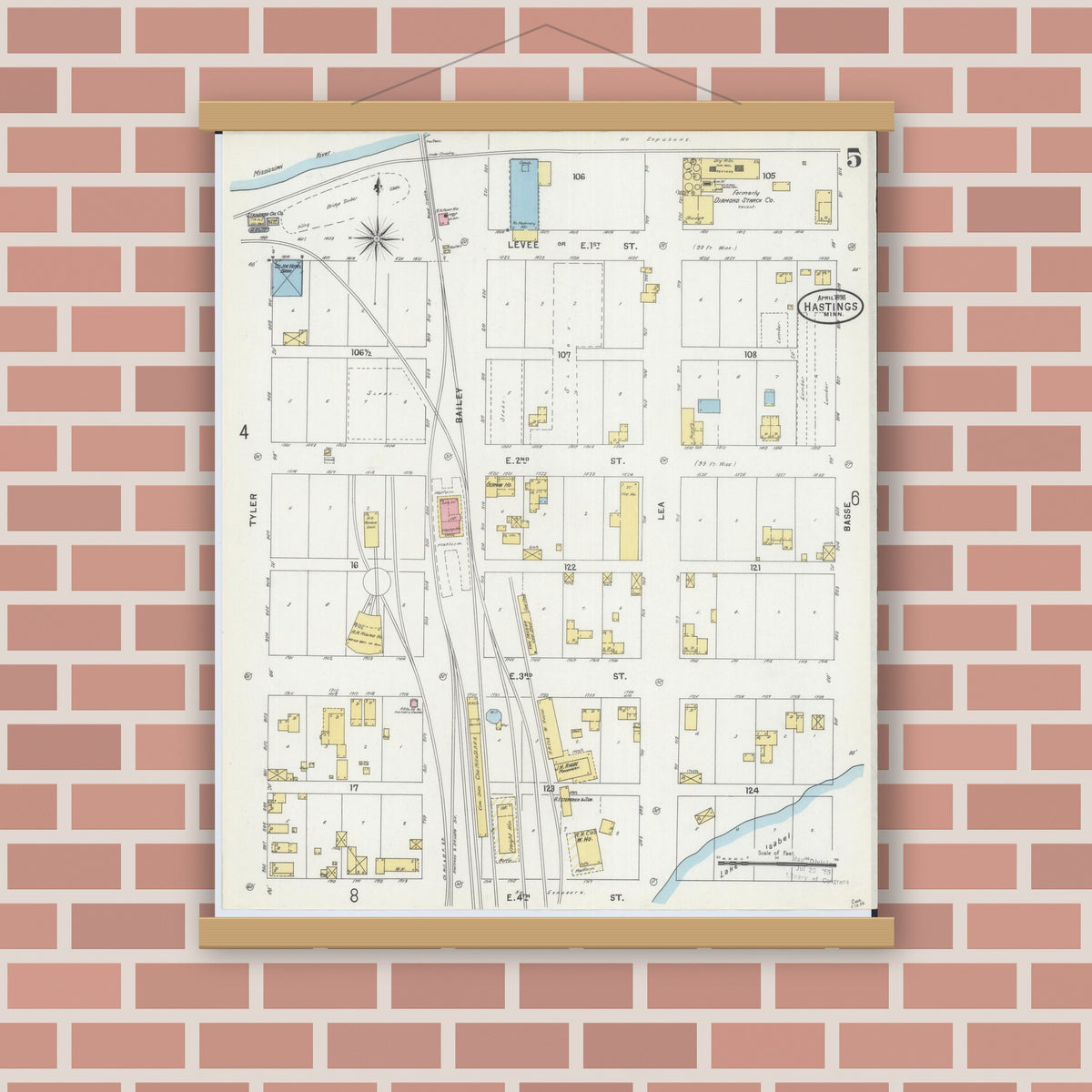Old map wall art mockup — magnetic wood frame on brick wall — Sanborn Fire Insurance Map from Hastings, Dakota County, Minnesota (1898), Sheet #0005