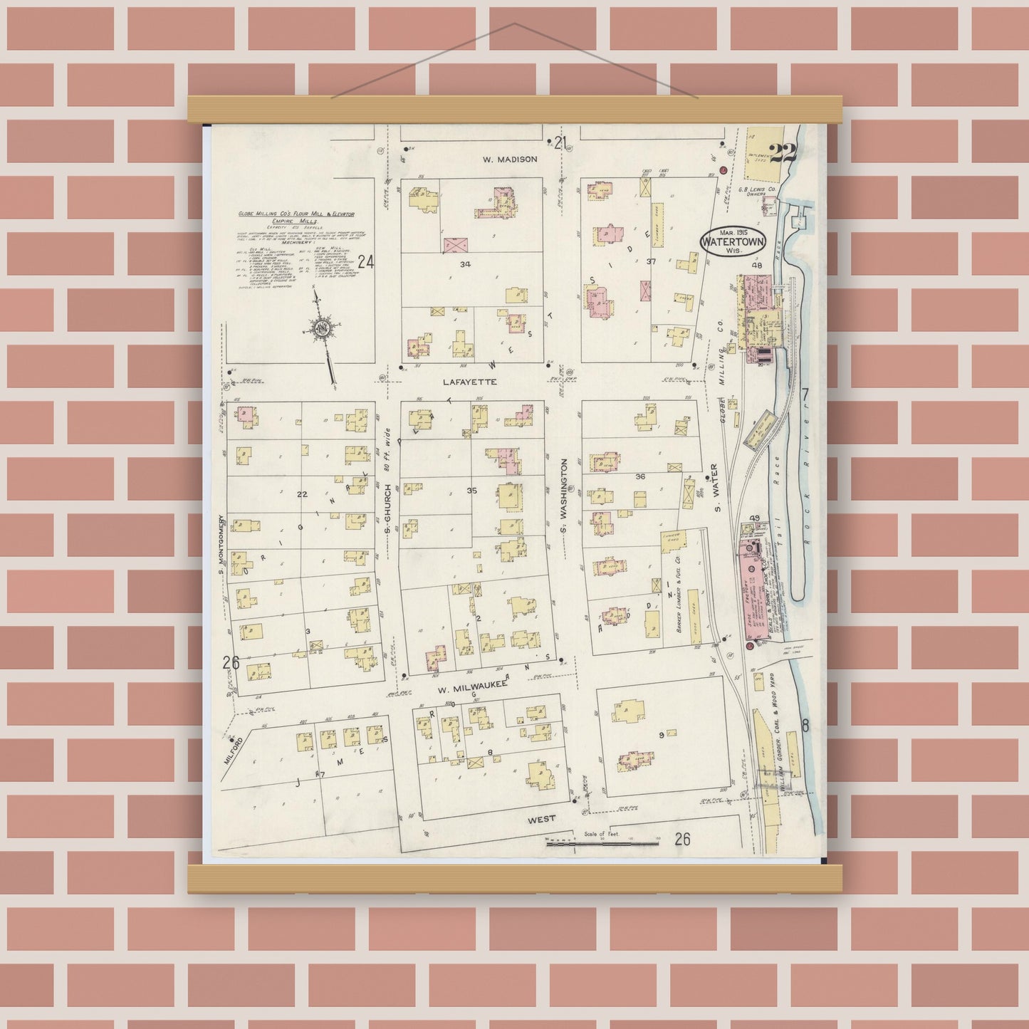 Old map wall art mockup — magnetic wood frame on brick wall — Sanborn Fire Insurance Map from Watertown, Jefferson County, Wisconsin (1915), Sheet #0023