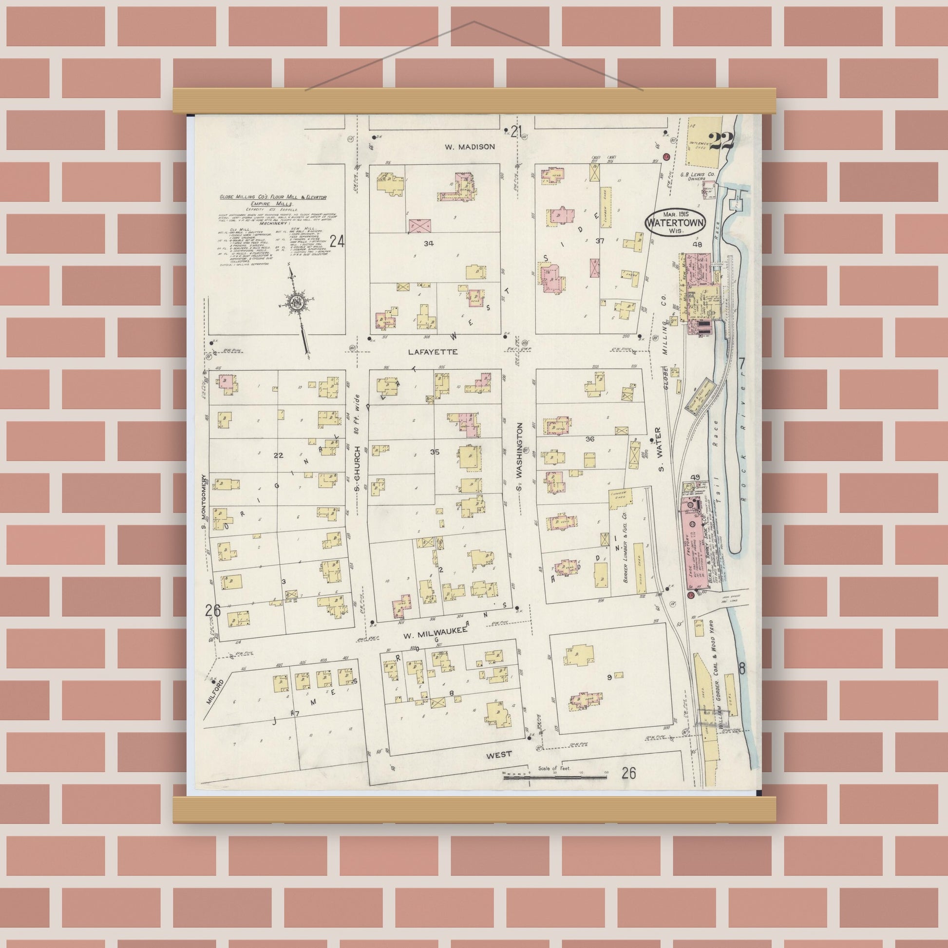 Old map wall art mockup — magnetic wood frame on brick wall — Sanborn Fire Insurance Map from Watertown, Jefferson County, Wisconsin (1915), Sheet #0023