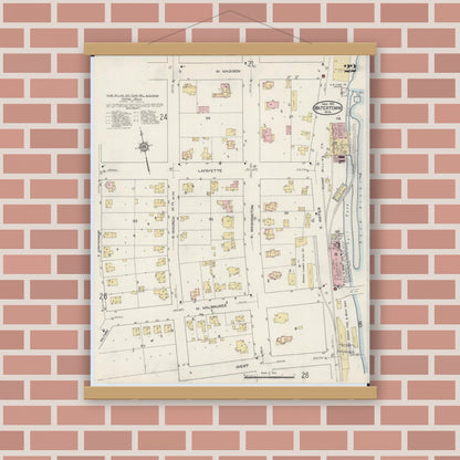 Old map wall art mockup — magnetic wood frame on brick wall — Sanborn Fire Insurance Map from Watertown, Jefferson County, Wisconsin (1915), Sheet #0023