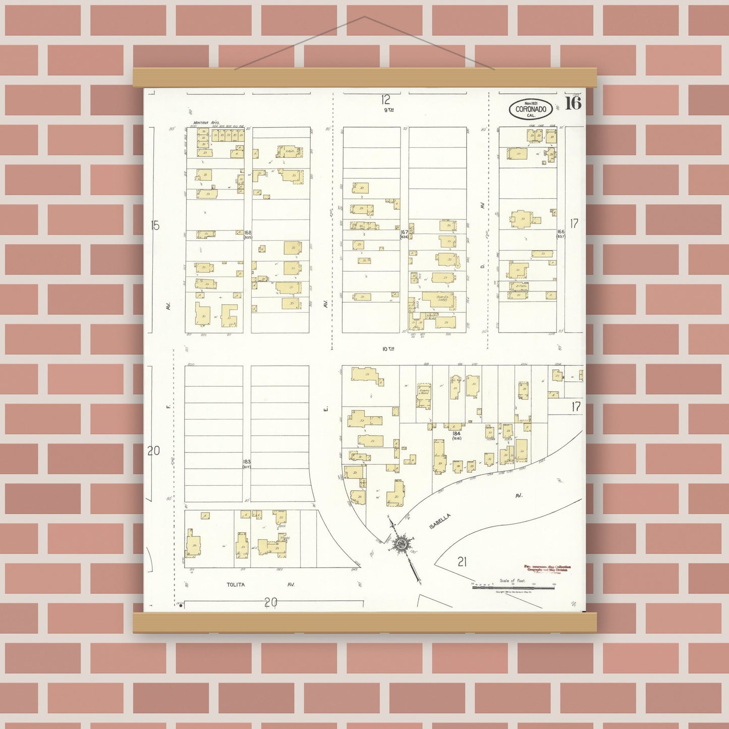 Old map wall art mockup — magnetic wood frame on brick wall — Sanborn Fire Insurance Map from Coronado, San Diego County, California (1921), Sheet #0016