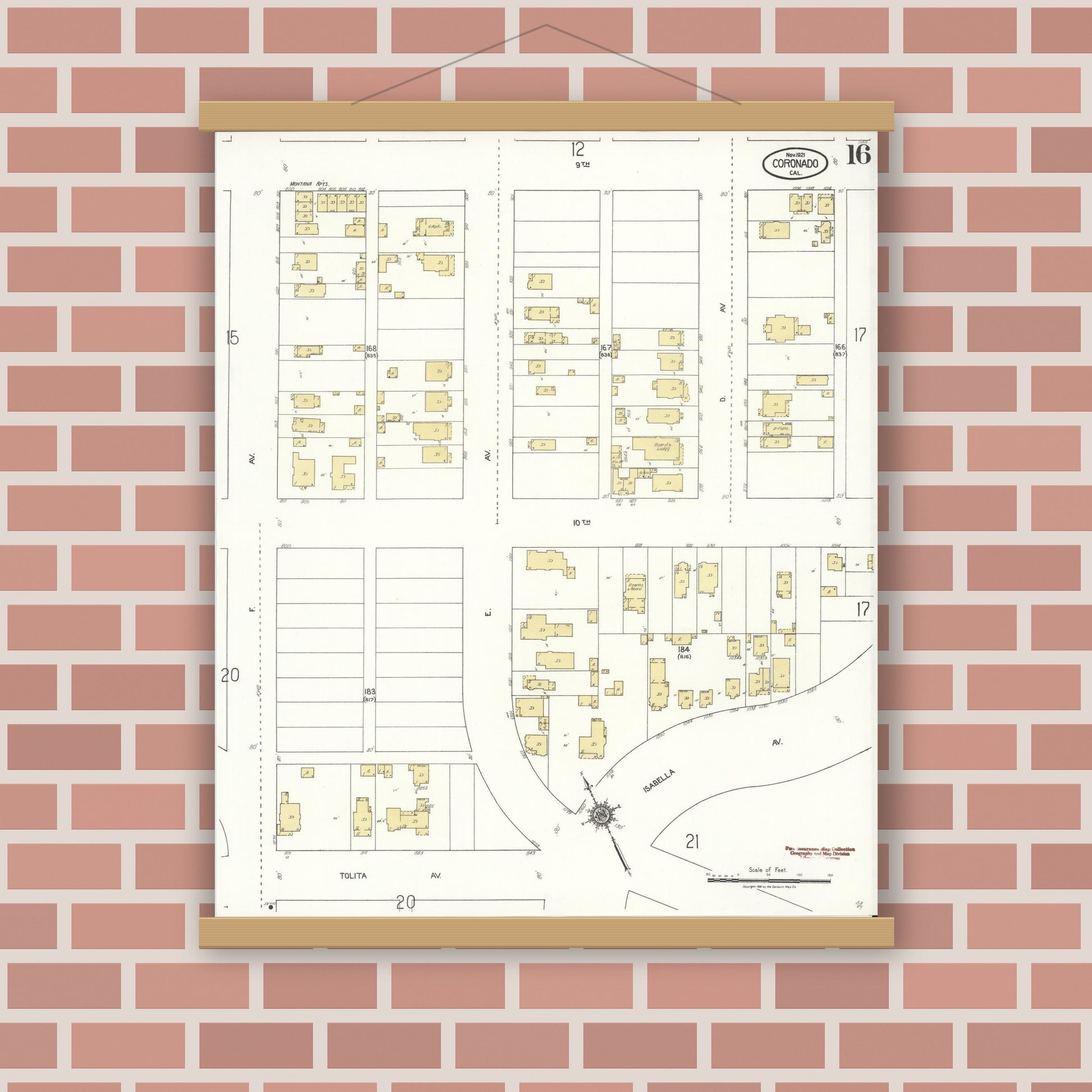 Old map wall art mockup — magnetic wood frame on brick wall — Sanborn Fire Insurance Map from Coronado, San Diego County, California (1921), Sheet #0016