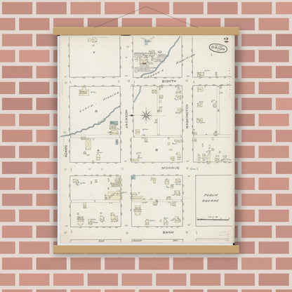 Old map wall art mockup — magnetic wood frame on brick wall — Sanborn Fire Insurance Map from Orion, Henry County, Illinois (1886), Sheet #0002