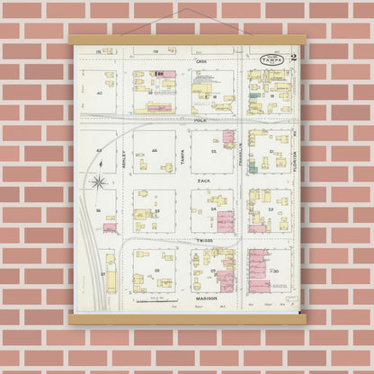 Old map wall art mockup — magnetic wood frame on brick wall — Sanborn Fire Insurance Map from Tampa, Hillsborough County, Florida (1892), Sheet #0002