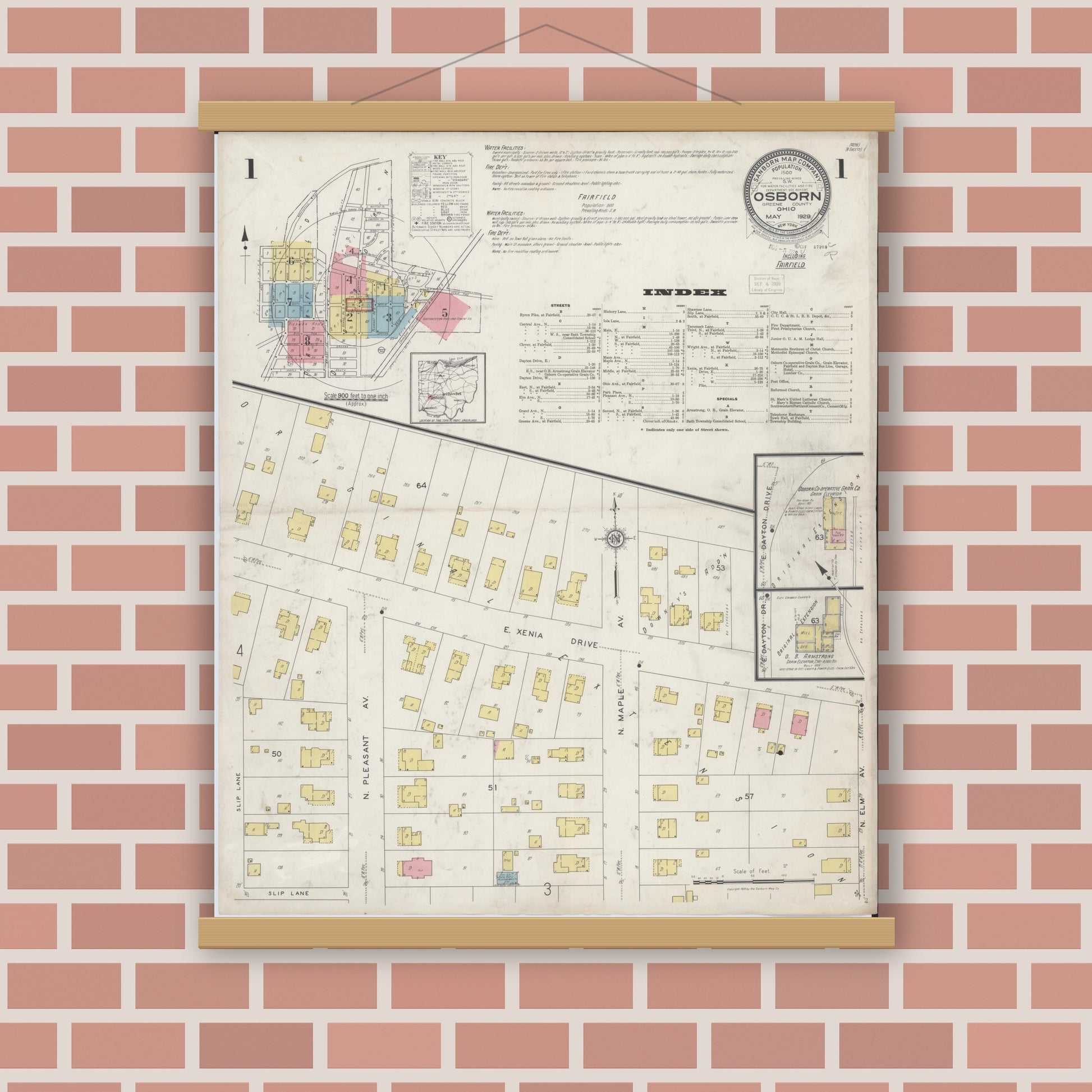 Old map wall art mockup — magnetic wood frame on brick wall — Sanborn Fire Insurance Map from Osborn, Greene County, Ohio (1929) - Complete Map Set