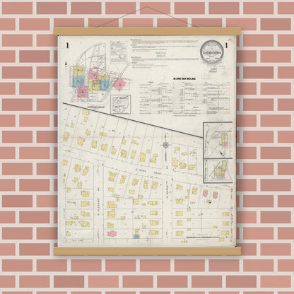 Old map wall art mockup — magnetic wood frame on brick wall — Sanborn Fire Insurance Map from Osborn, Greene County, Ohio (1929) - Complete Map Set