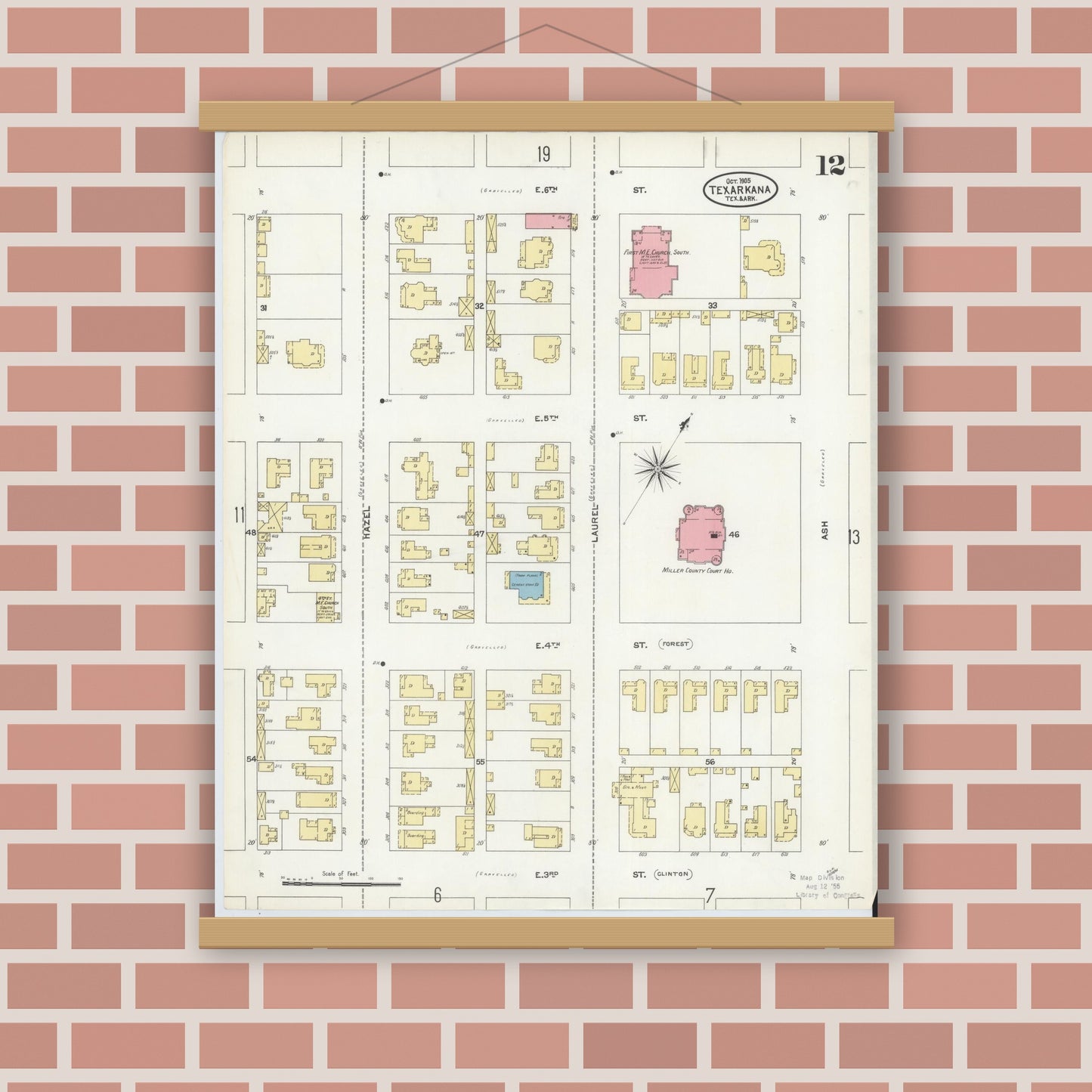 Old map wall art mockup — magnetic wood frame on brick wall — Sanborn Fire Insurance Map from Texarkana, Bowie County, Texas (1905), Sheet #0012