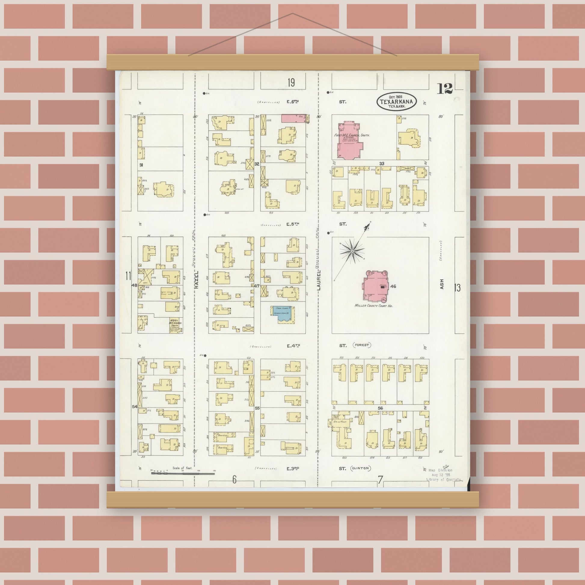 Old map wall art mockup — magnetic wood frame on brick wall — Sanborn Fire Insurance Map from Texarkana, Bowie County, Texas (1905), Sheet #0012