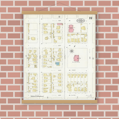 Old map wall art mockup — magnetic wood frame on brick wall — Sanborn Fire Insurance Map from Texarkana, Bowie County, Texas (1905), Sheet #0012