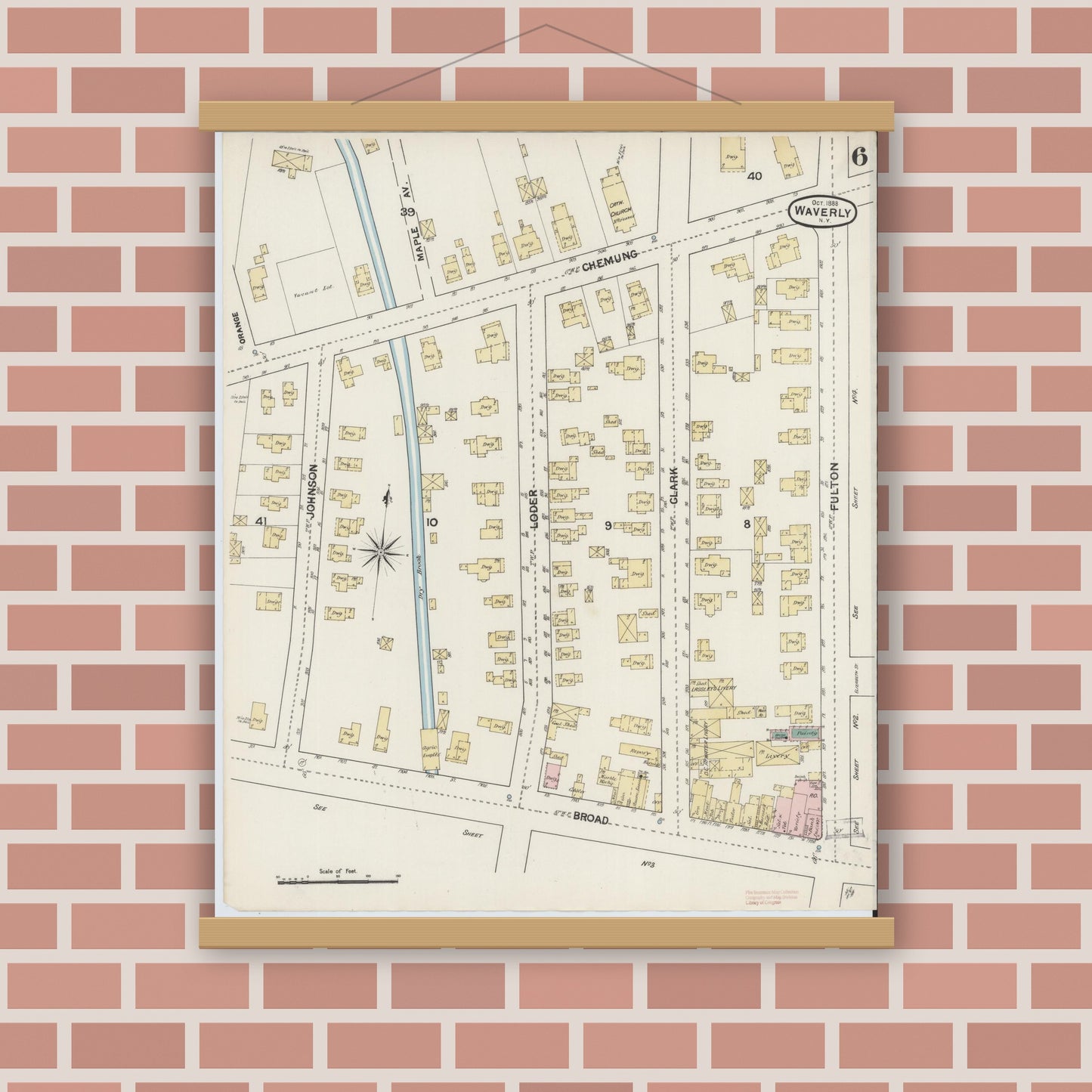 Old map wall art mockup — magnetic wood frame on brick wall — Sanborn Fire Insurance Map from Waverly, Tioga County, New York (1888), Sheet #0006