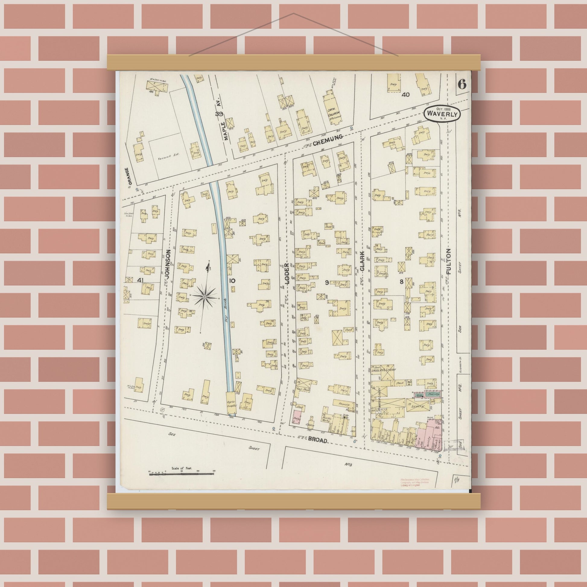 Old map wall art mockup — magnetic wood frame on brick wall — Sanborn Fire Insurance Map from Waverly, Tioga County, New York (1888), Sheet #0006
