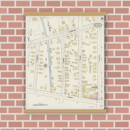 Old map wall art mockup — magnetic wood frame on brick wall — Sanborn Fire Insurance Map from Waverly, Tioga County, New York (1888), Sheet #0006