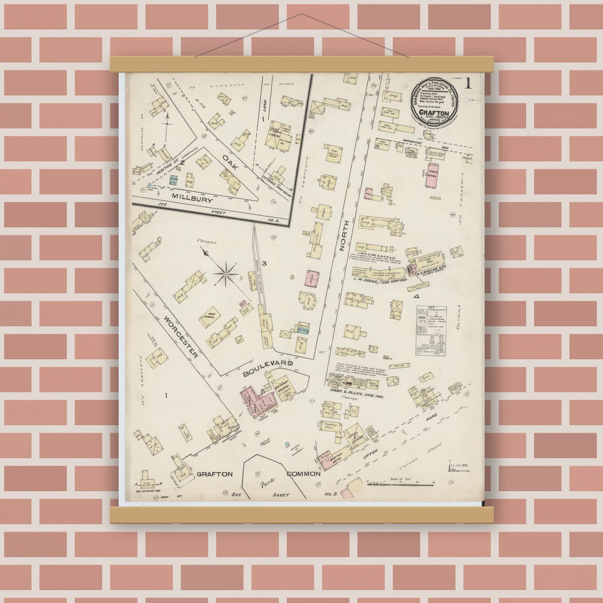 Old map wall art mockup — magnetic wood frame on brick wall — Sanborn Fire Insurance Map from Grafton, Worcester County, Massachusetts (1885), Sheet #0001