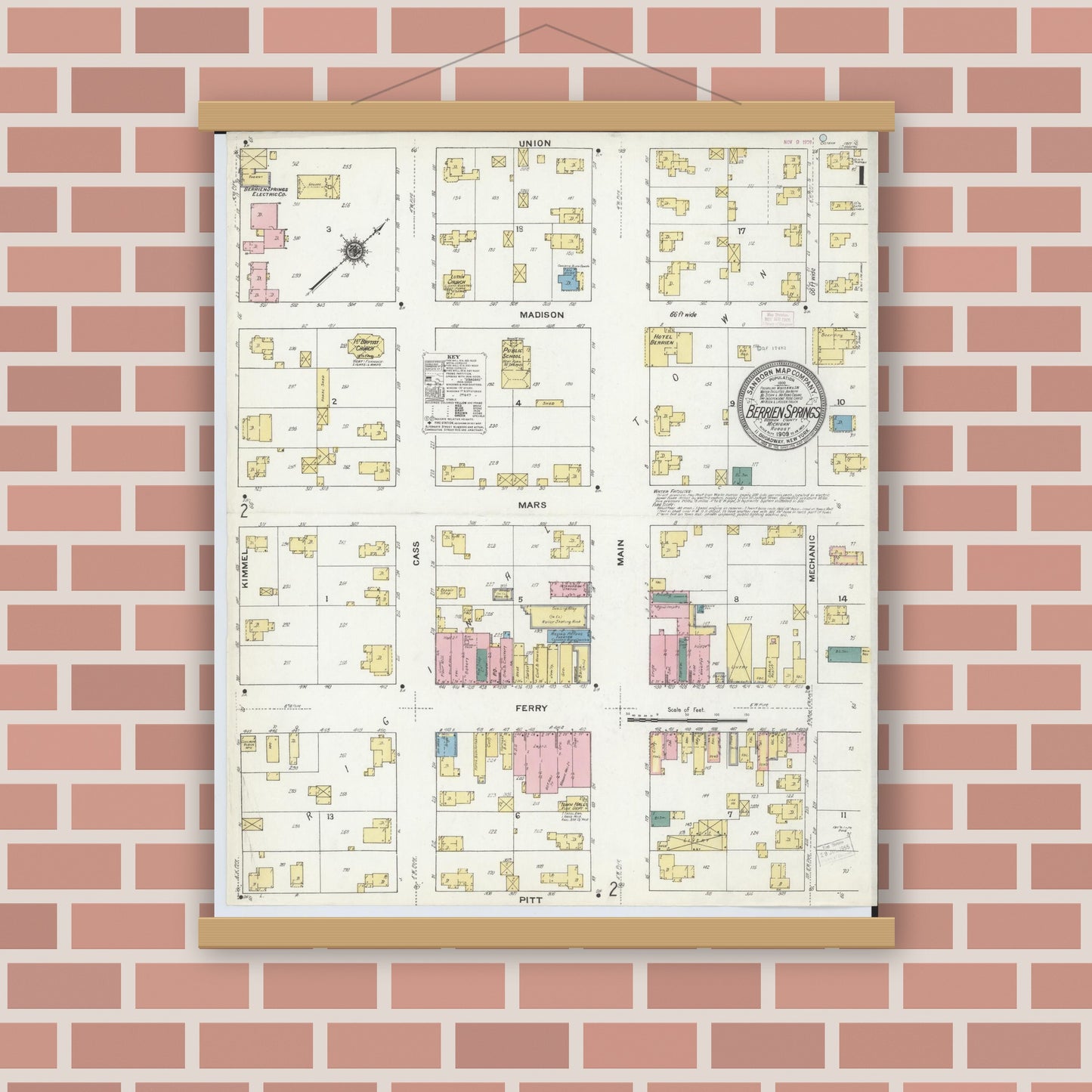 Old map wall art mockup — magnetic wood frame on brick wall — Sanborn Fire Insurance Map from Berrien Springs, Berrien County, Michigan (1909), Sheet #0001