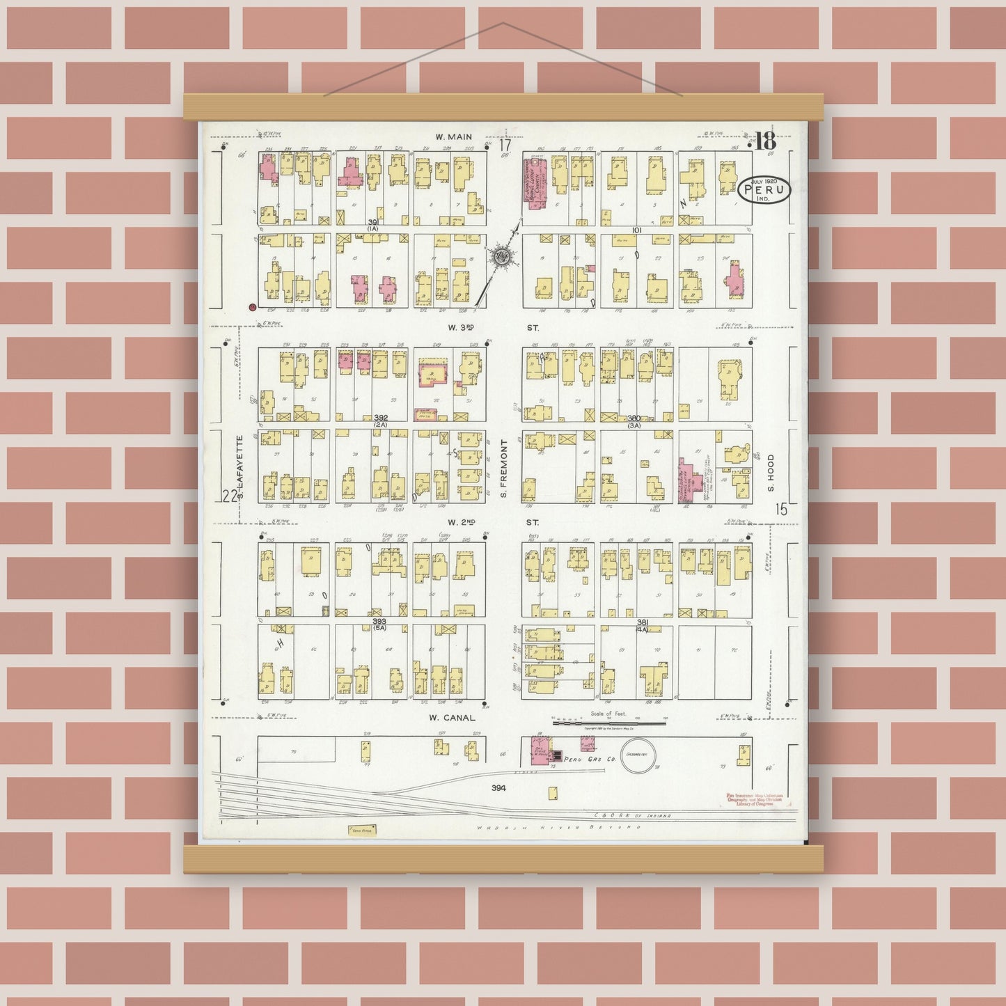 Old map wall art mockup — magnetic wood frame on brick wall — Sanborn Fire Insurance Map from Peru, Miami County, Indiana (1920), Sheet #0018