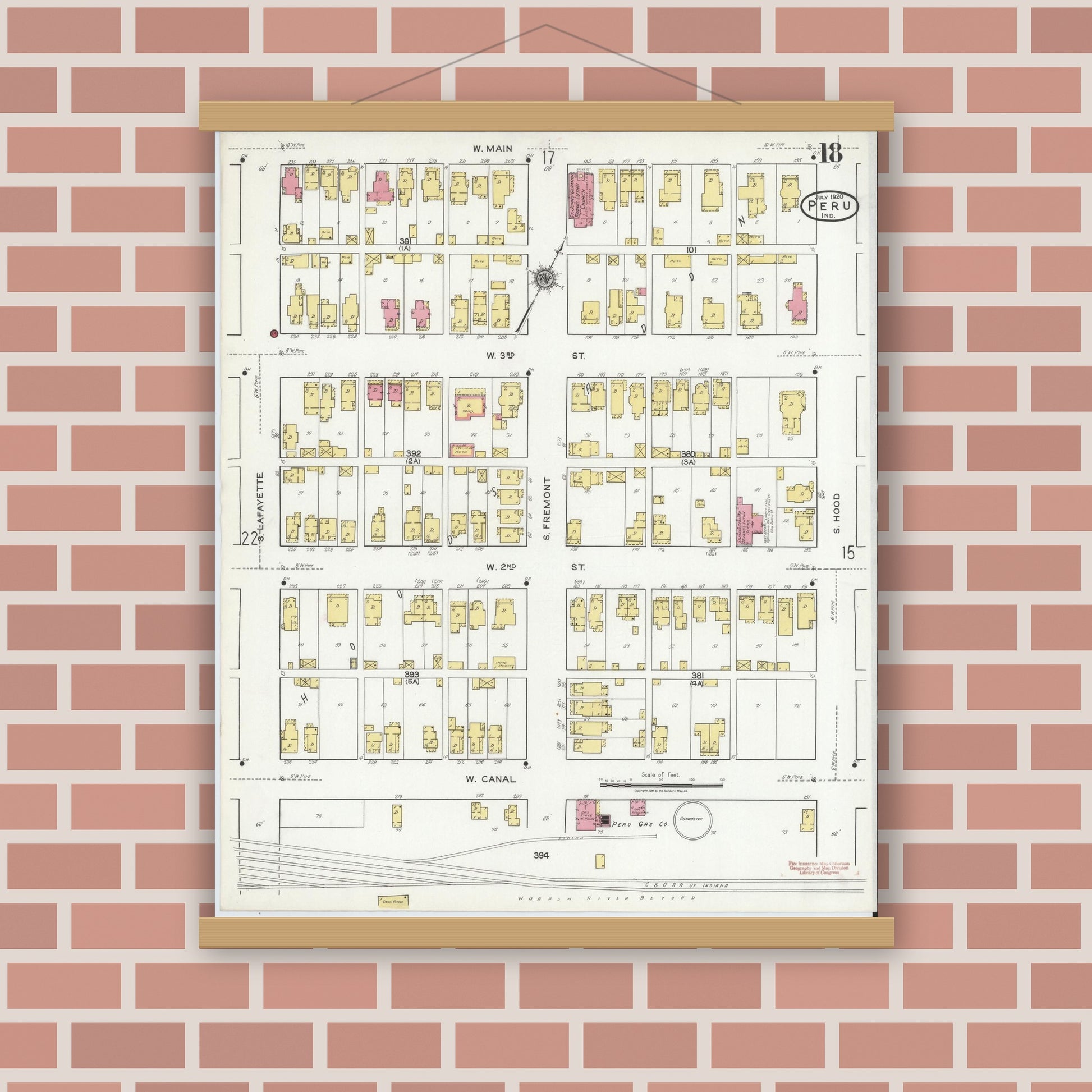 Old map wall art mockup — magnetic wood frame on brick wall — Sanborn Fire Insurance Map from Peru, Miami County, Indiana (1920), Sheet #0018