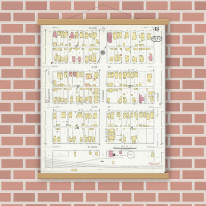 Old map wall art mockup — magnetic wood frame on brick wall — Sanborn Fire Insurance Map from Peru, Miami County, Indiana (1920), Sheet #0018