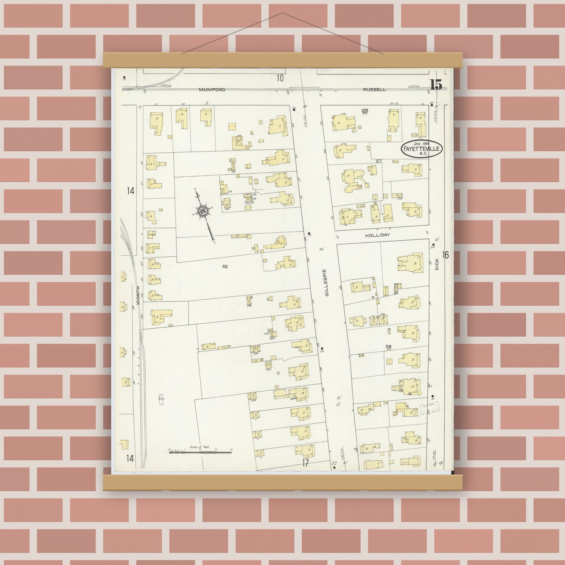 Old map wall art mockup — magnetic wood frame on brick wall — Sanborn Fire Insurance Map from Fayetteville, Cumberland County, North Carolina (1914), Sheet #0015