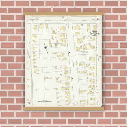 Old map wall art mockup — magnetic wood frame on brick wall — Sanborn Fire Insurance Map from Fayetteville, Cumberland County, North Carolina (1914), Sheet #0015