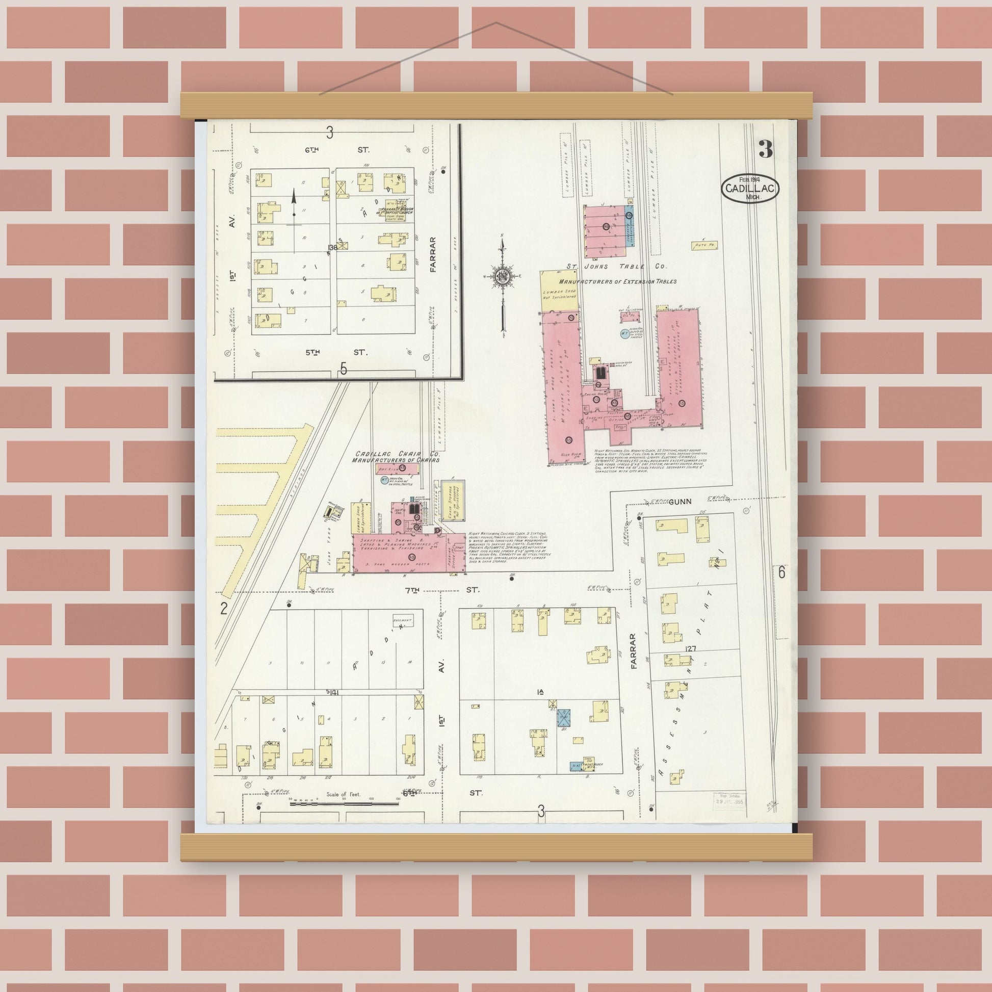 Old map wall art mockup — magnetic wood frame on brick wall — Sanborn Fire Insurance Map from Cadillac, Wexford County, Michigan (1914), Sheet #0003