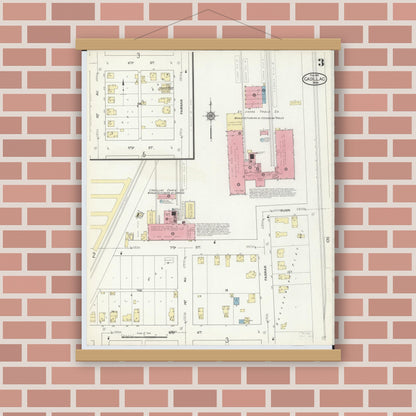Old map wall art mockup — magnetic wood frame on brick wall — Sanborn Fire Insurance Map from Cadillac, Wexford County, Michigan (1914), Sheet #0003