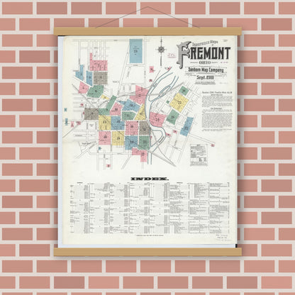 Old map wall art mockup — magnetic wood frame on brick wall — Sanborn Fire Insurance Map from Fremont, Sandusky County, Ohio (1910) - Complete Map Set