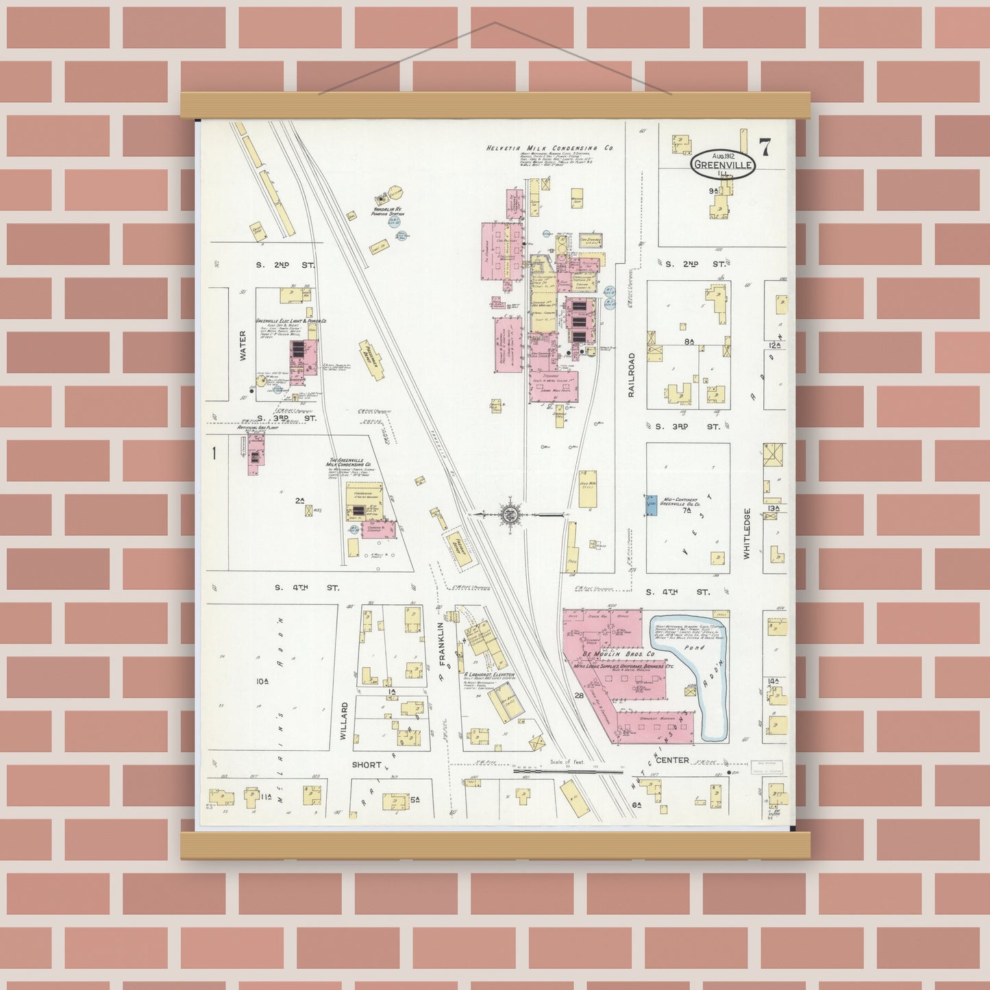Old map wall art mockup — magnetic wood frame on brick wall — Sanborn Fire Insurance Map from Greenville, Bond County, Illinois (1912), Sheet #0007