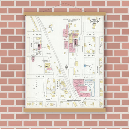 Old map wall art mockup — magnetic wood frame on brick wall — Sanborn Fire Insurance Map from Greenville, Bond County, Illinois (1912), Sheet #0007