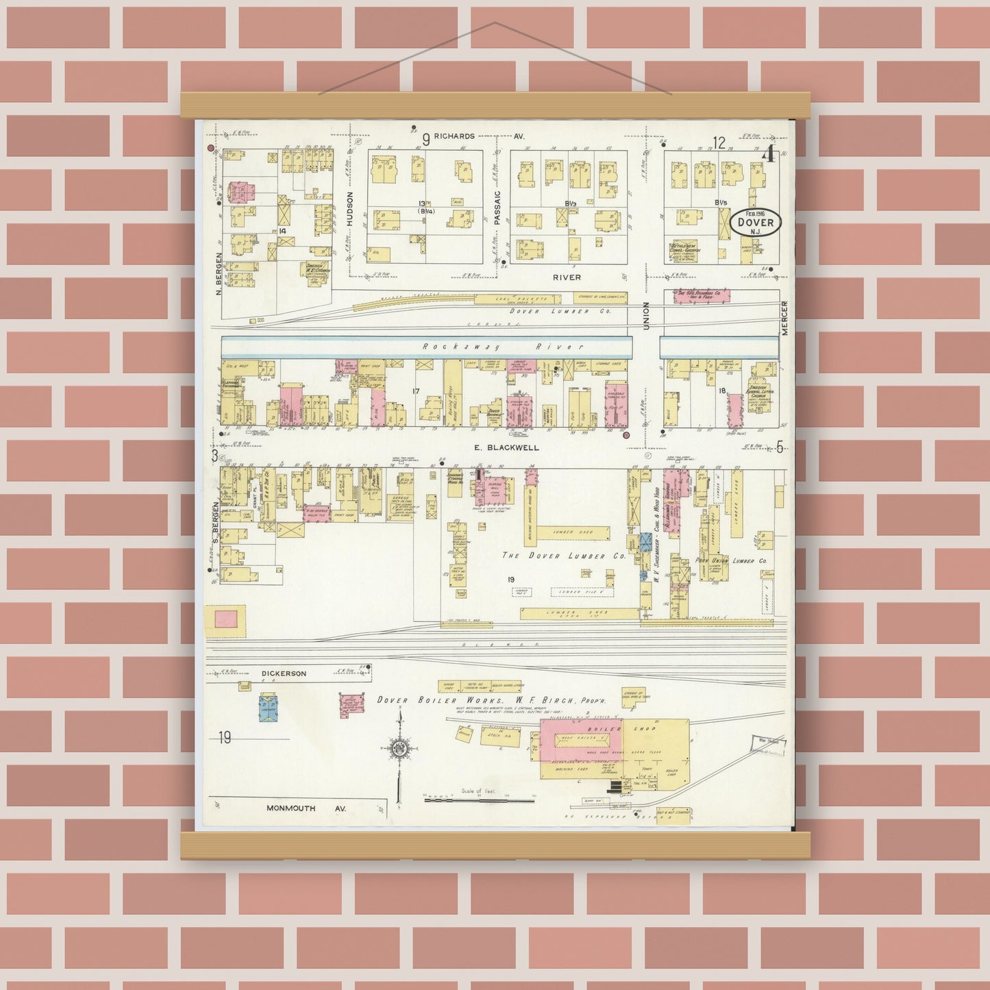 Old map wall art mockup — magnetic wood frame on brick wall — Sanborn Fire Insurance Map from Dover, Morris County, New Jersey (1916), Sheet #0004