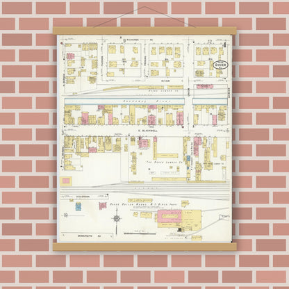 Old map wall art mockup — magnetic wood frame on brick wall — Sanborn Fire Insurance Map from Dover, Morris County, New Jersey (1916), Sheet #0004