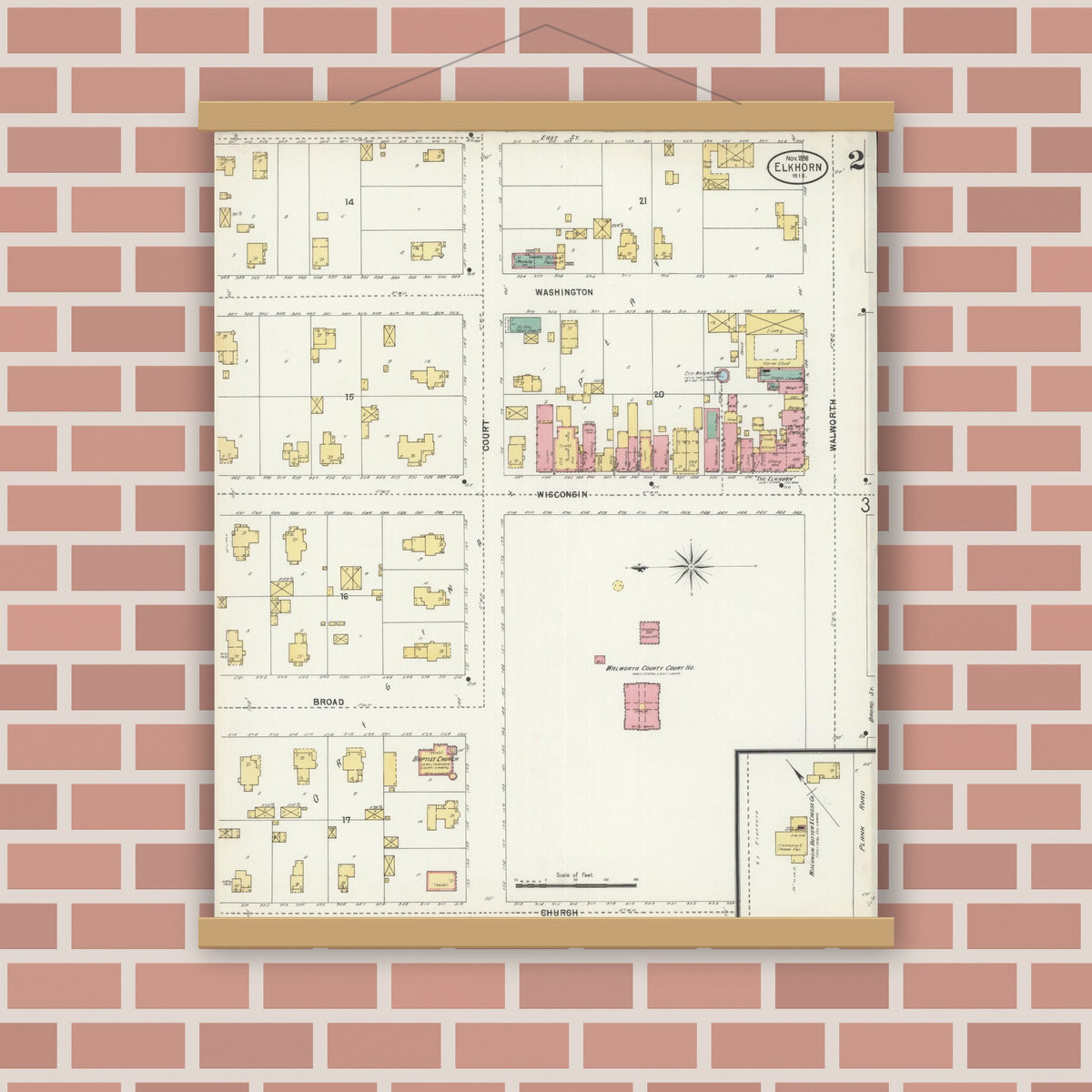 Old map wall art mockup — magnetic wood frame on brick wall — Sanborn Fire Insurance Map from Elkhorn, Walworth County, Wisconsin (1898), Sheet #0002