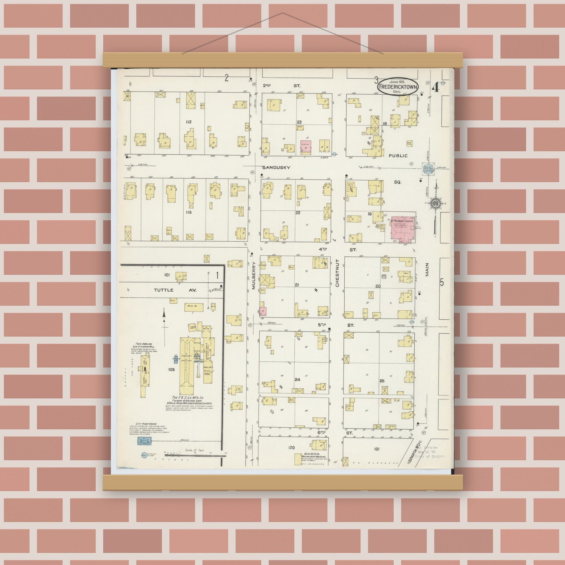 Old map wall art mockup — magnetic wood frame on brick wall — Sanborn Fire Insurance Map from Fredericktown, Knox County, Ohio (1915), Sheet #0004