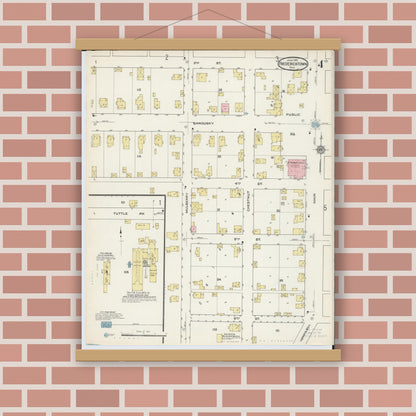 Old map wall art mockup — magnetic wood frame on brick wall — Sanborn Fire Insurance Map from Fredericktown, Knox County, Ohio (1915), Sheet #0004