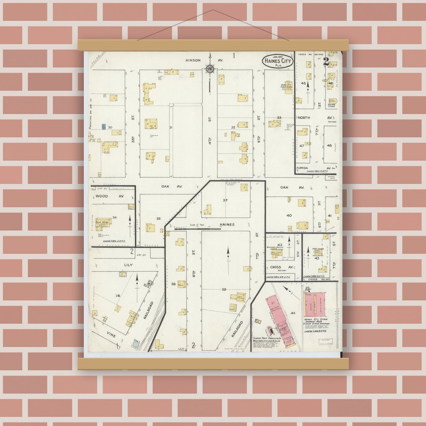 Old map wall art mockup — magnetic wood frame on brick wall — Sanborn Fire Insurance Map from Haines City, Polk County, Florida (1917), Sheet #0002