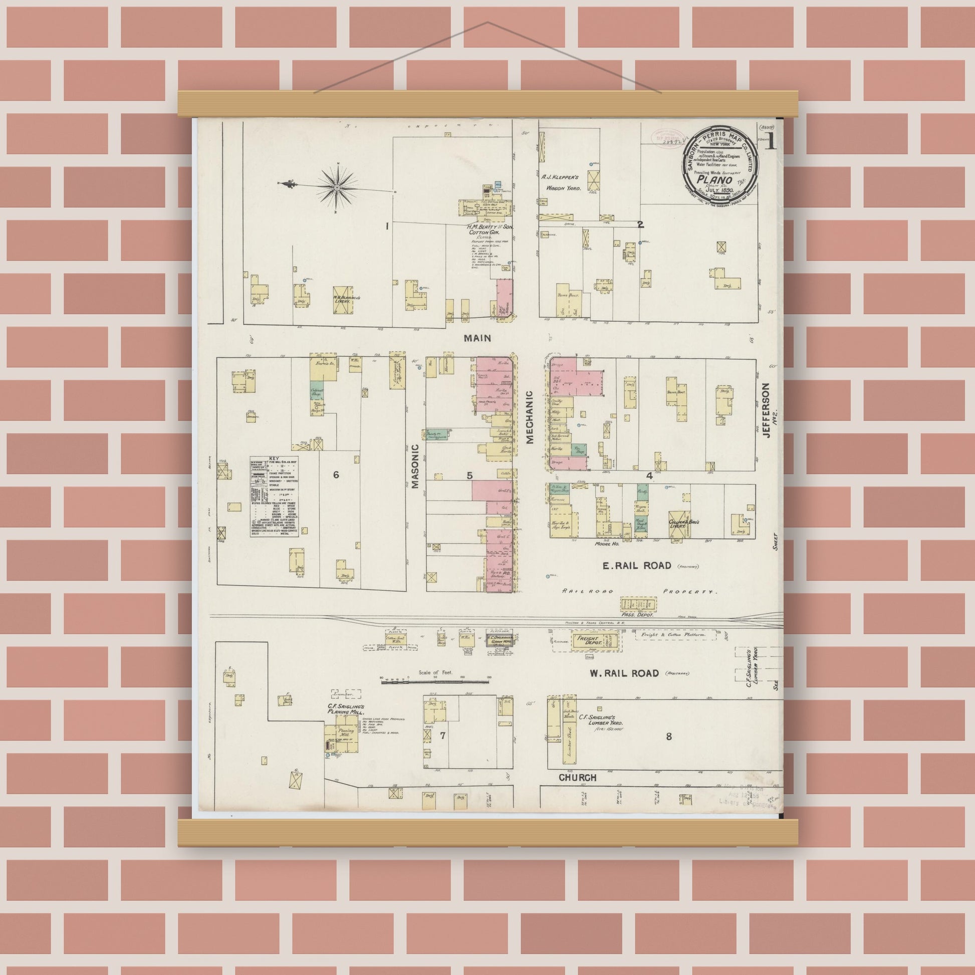 Old map wall art mockup — magnetic wood frame on brick wall — Sanborn Fire Insurance Map from Plano, Collin County, Texas (1890), Sheet #0001