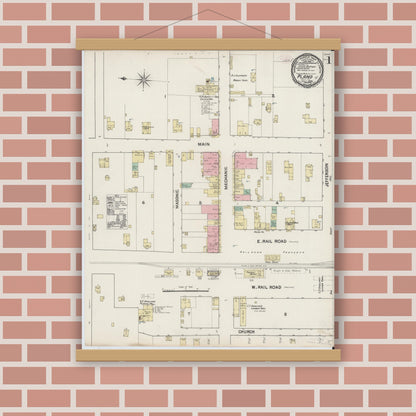 Old map wall art mockup — magnetic wood frame on brick wall — Sanborn Fire Insurance Map from Plano, Collin County, Texas (1890), Sheet #0001