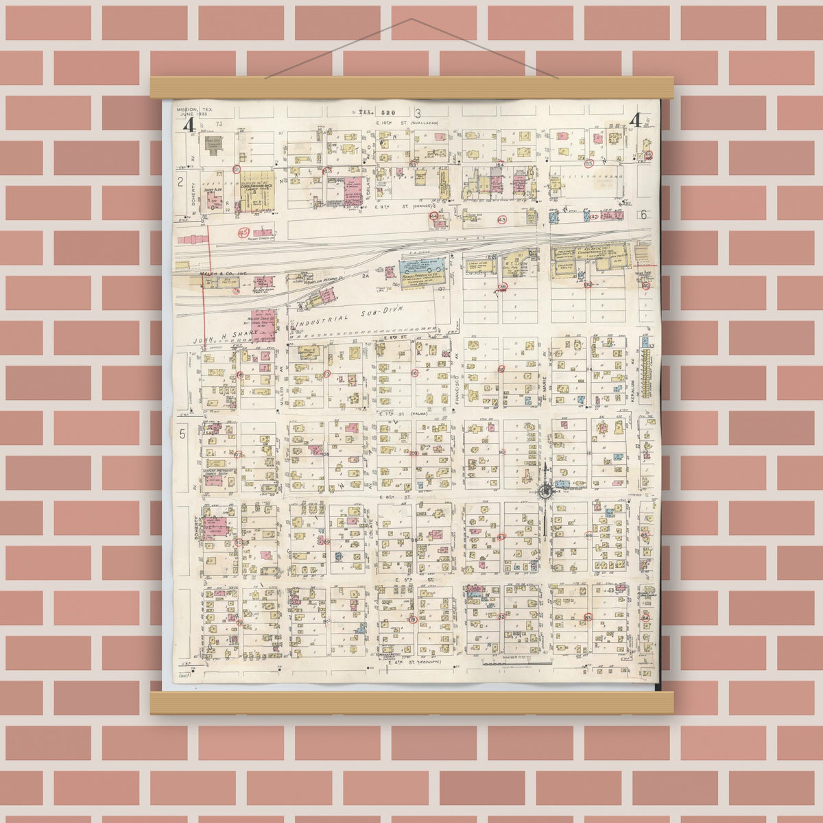 Old map wall art mockup — magnetic wood frame on brick wall — Sanborn Fire Insurance Map from Mission, Hidalgo County, Texas (1949), Sheet #0004