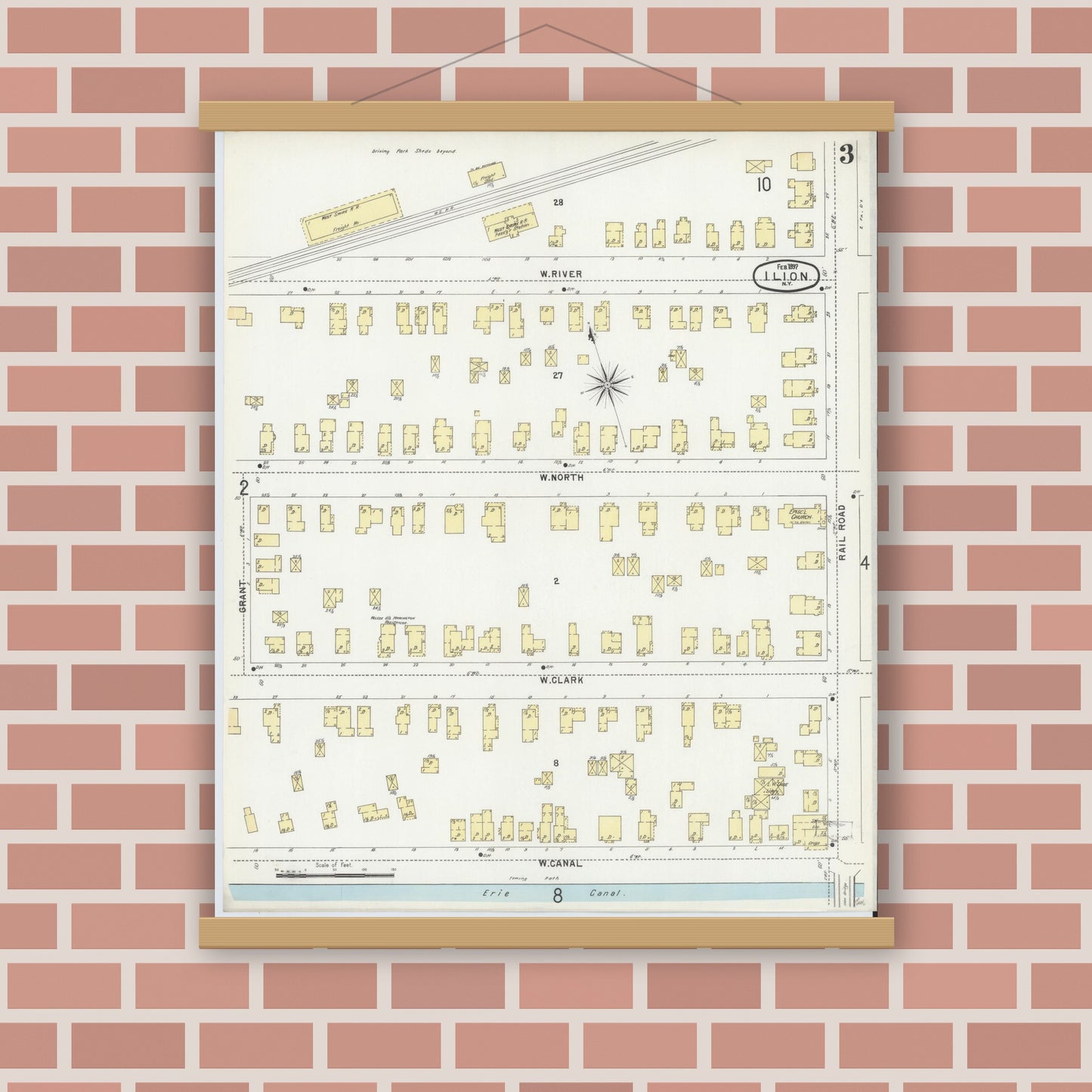 Old map wall art mockup — magnetic wood frame on brick wall — Sanborn Fire Insurance Map from Ilion, Herkimer County, New York (1897), Sheet #0003