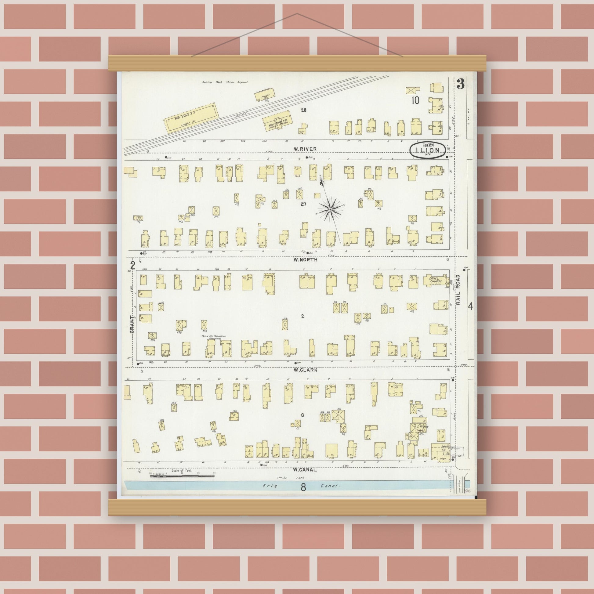 Old map wall art mockup — magnetic wood frame on brick wall — Sanborn Fire Insurance Map from Ilion, Herkimer County, New York (1897), Sheet #0003