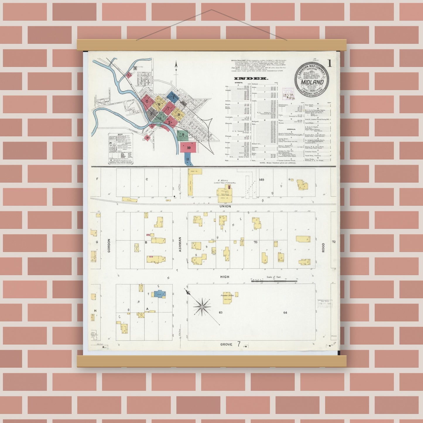 Old map wall art mockup — magnetic wood frame on brick wall — Sanborn Fire Insurance Map from Midland, Midland County, Michigan (1909) - Complete Map Set
