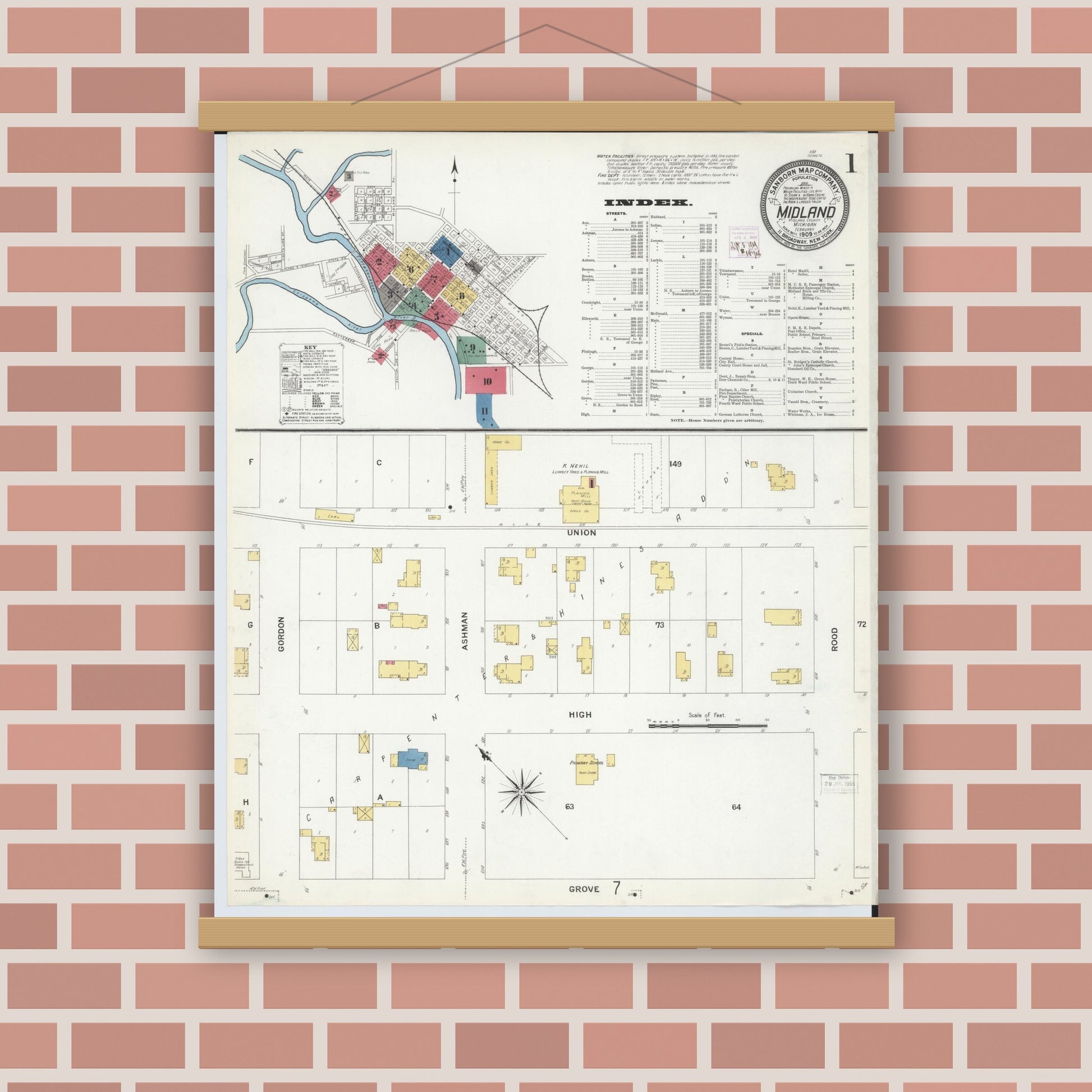 Old map wall art mockup — magnetic wood frame on brick wall — Sanborn Fire Insurance Map from Midland, Midland County, Michigan (1909) - Complete Map Set