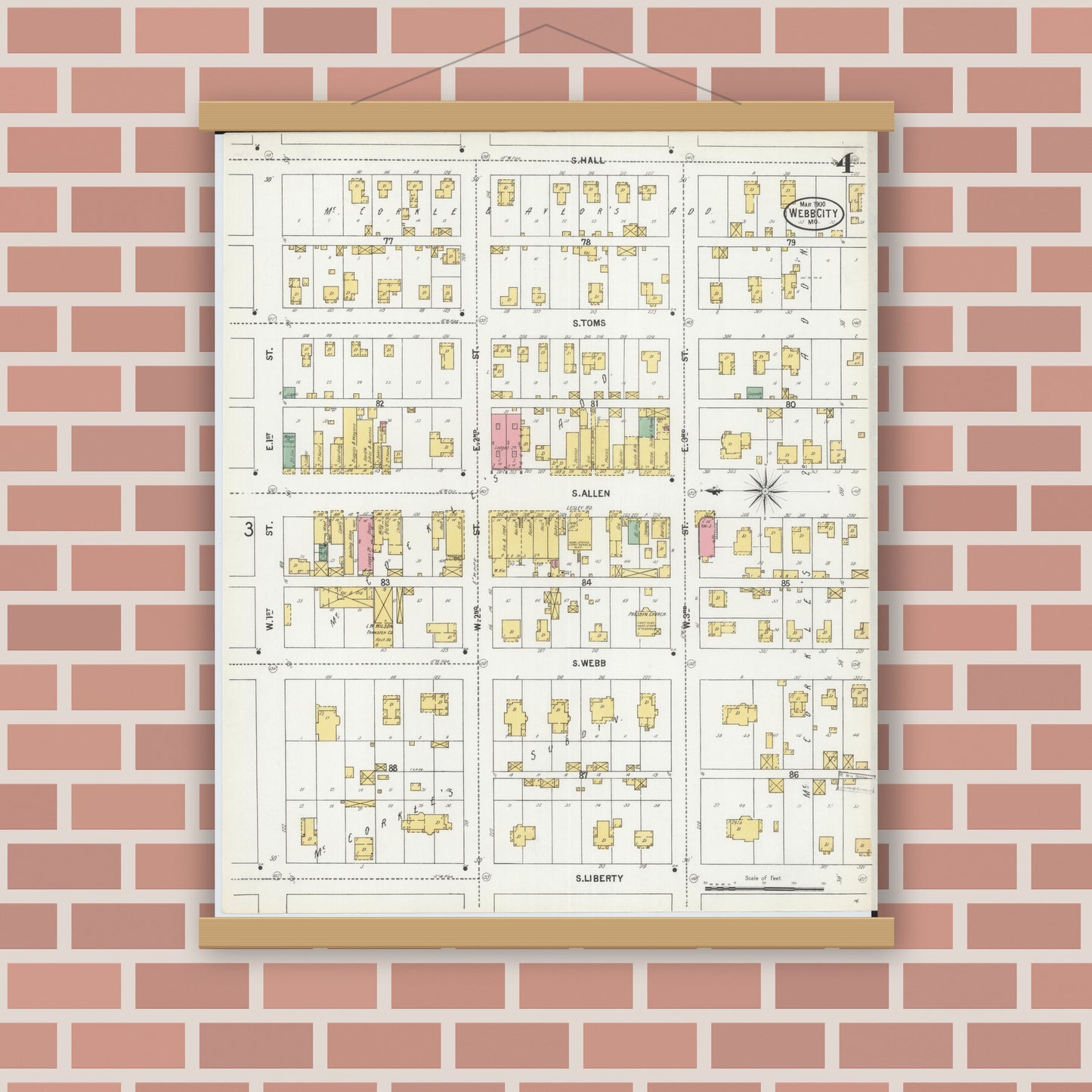 Old map wall art mockup — magnetic wood frame on brick wall — Sanborn Fire Insurance Map from Webb City, Jasper County, Missouri (1900), Sheet #0004