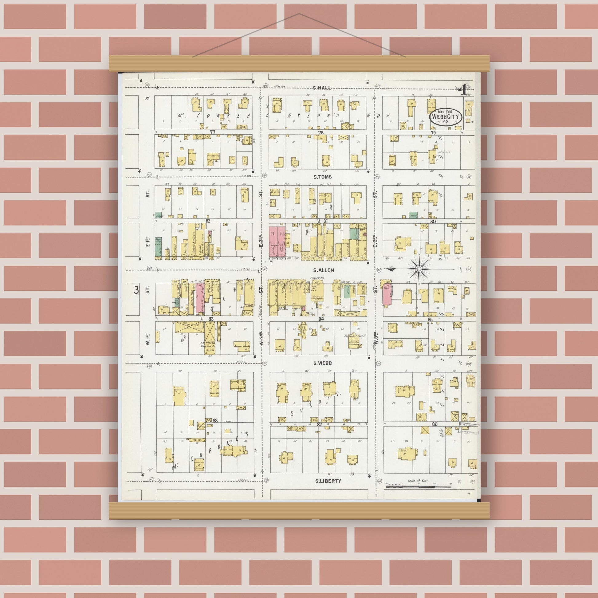 Old map wall art mockup — magnetic wood frame on brick wall — Sanborn Fire Insurance Map from Webb City, Jasper County, Missouri (1900), Sheet #0004