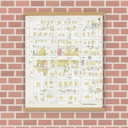 Old map wall art mockup — magnetic wood frame on brick wall — Sanborn Fire Insurance Map from Webb City, Jasper County, Missouri (1900), Sheet #0004